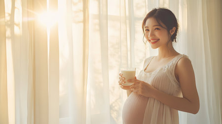 A joyful portrait of a beautiful Asian pregnant woman holding a glass of milk, with morning sunlight filtering through white curtains, representing maternal health and nourishment.の素材