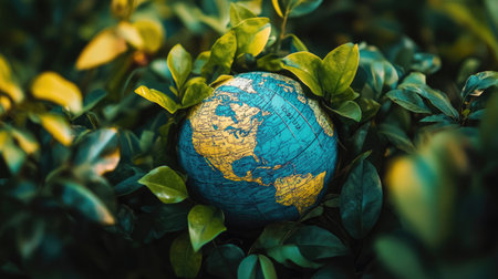 An eye-catching image of a detailed globe with map patterns, enveloped in fresh leaves, symbolizing the importance of investing in the Earth for a greener tomorrow.の素材