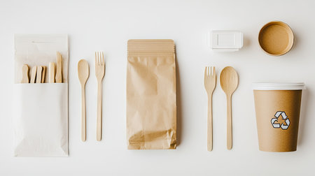 A minimalist setup featuring eco-friendly packaging and tableware, highlighting their biodegradable nature with recycling symbols on a clean white background.の素材