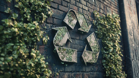 A striking recycle symbol surrounded by greenery on an urban wall, illustrating the message of recycling and environmental responsibility in city environmentsの素材