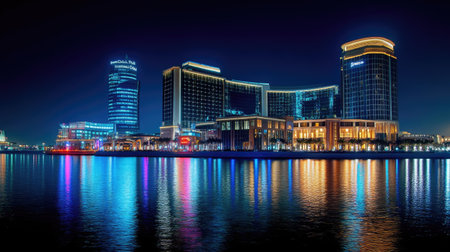 Duba Festival City illuminated at night, showcasing the Hotel Crowne Plaza and Hotel Intercontinental with their lights reflecting on water.の素材