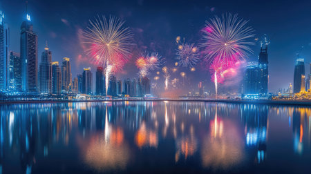 Dubai National Day fireworks over Festival City, colorful explosions in the sky mirrored in the water, capturing the festive spirit.の素材