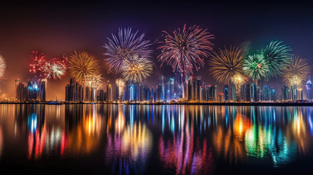 Dubai National Day celebration with a spectacular fireworks show over Festival City, colorful bursts mirrored on the water surface.の素材