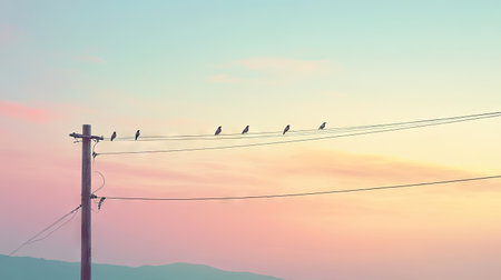 Electric pole with birds perched on the cables, soft morning light in a peaceful settingの素材