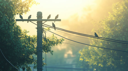 Electric pole with birds perched on the cables, soft morning light in a peaceful settingの素材