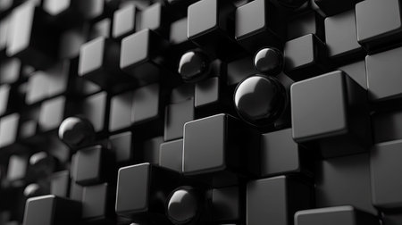 Dynamic 3D abstract background with interlocking cubes and spheres in a monochromatic palette. Great for tech or futuristic-themed visuals.の素材