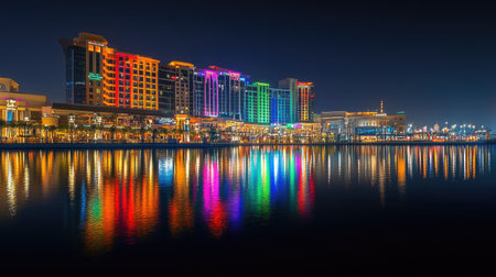 Dubai Festival City at night, featuring the brightly lit Hotel Crowne Plaza and Hotel Intercontinental with their reflections in the water.の素材