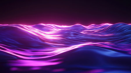 Dynamic 3D render of a neon wave with a dark setting and bright floor reflection, perfect for backgrounds, covers, and digital wallpapers.の素材