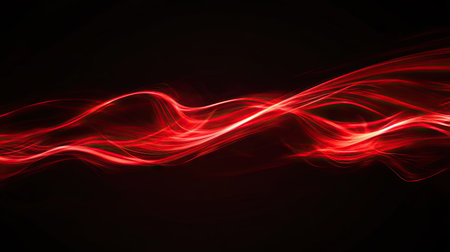 Dynamic red light curves illustrating fast movement and energy against a deep black backdrop. Vector design emphasizing speed and motion.の素材