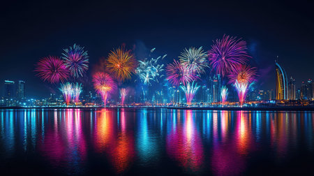 Dubai National Day fireworks over Festival City, beautiful bursts of color reflecting in the water, capturing the celebration essence.の素材