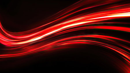 Dynamic red light streaks and curves in motion, set against a black backdrop for an abstract vector design emphasizing speed.の素材