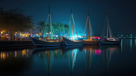 Dhow boats illuminated at night, reflecting on the water, capturing the cultural essence of traditional Arabic seafaring.の素材