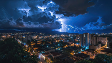 Close-up of lightning bolts crisscrossing the sky above Maring downtown area, highlighting the contrast between nature and architecture.の素材
