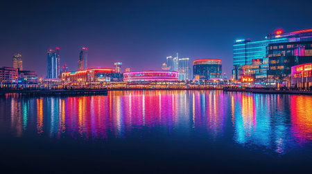 Beautiful night view of Festival City in Dubai, highlighting the Hotel Crowne Plaza and Hotel Intercontinental, with vibrant city lights.の素材