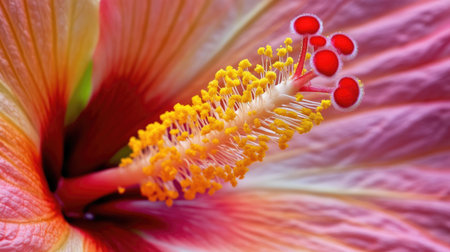 Detailed shot of a vibrant hibiscus flower, focusing on the intricate stamen and petal textureの素材