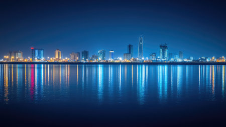 A serene night scene of Manama, Bahrain, with the city's lights glowing across Bahrain Bay, creating a tranquil and picturesque view.の素材