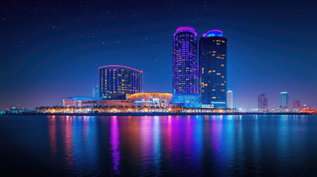 A stunning nighttime shot of Festival City, Dubai, featuring the Hotel Crowne Plaza and Hotel Intercontinental lit up against the night sky.の素材