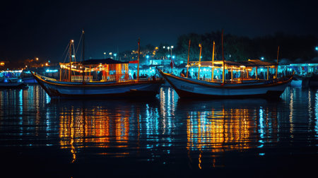 Dhow boats illuminated at night, reflecting on the water, capturing the cultural essence of traditional Arabic seafaring.の素材