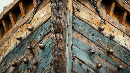 Close-up of a traditional dhow wooden hull, capturing the intricate details of this iconic Arabic boat used for pearl diving.の素材