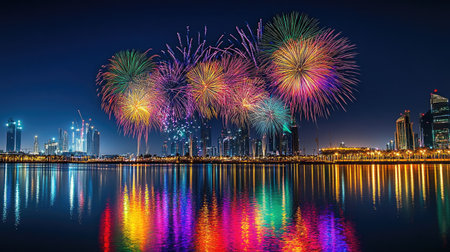 Bright fireworks burst over Festival City during Dubai National Day, their colors reflecting beautifully on the water below. -の素材