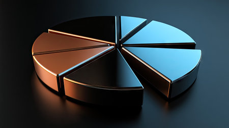 Detailed 3D pie chart with metallic textures, each segment separated slightly, dark backgroundの素材