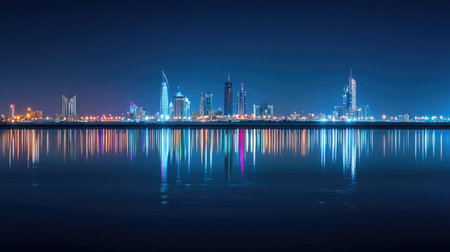 A serene night scene of Manama, Bahrain, with the city's lights glowing across Bahrain Bay, creating a tranquil and picturesque view.の素材