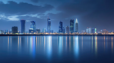 A serene night shot of Manama with the Four Seasons and Hilton Hotels glowing brightly, capturing the city's luxurious atmosphere.の素材