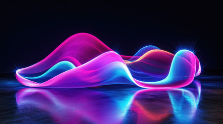 3D neon wave design illuminated against a dark background, with its colorful reflection shimmering on a reflective floor.の素材