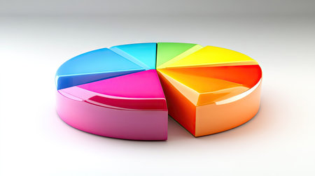 Colorful 3D pie chart with segments tilted slightly, showing depth and perspective, business themeの素材