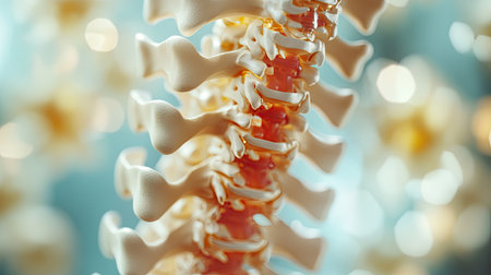 Detailed view of a human spine model, focusing on the vertebrae and alignment, medical conceptの素材