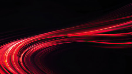 Abstract red light streaks forming swift curves on a black background, capturing dynamic motion and speed in a vector illustration.の素材