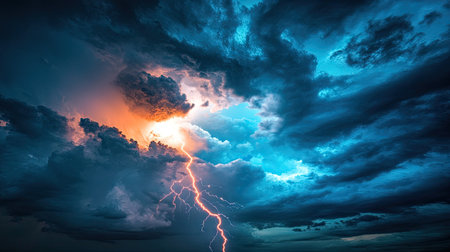 A vivid lightning bolt connecting the sky to the earth during a storm, with the bolt's intense brightness contrasting sharply with the dark clouds.の素材
