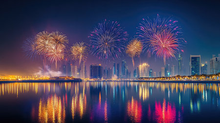 Dazzling fireworks display over Festival City, Dubai, on National Day, with colorful lights and reflections on the calm water.の素材