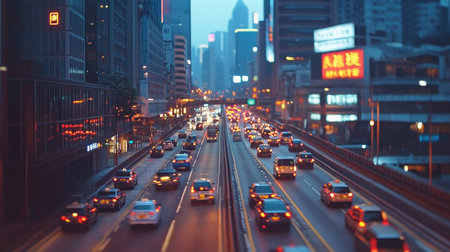 Blurry lights of bustling traffic in downtown Hong Kong, with Chinese road markings and city skyscrapers in the background.の素材