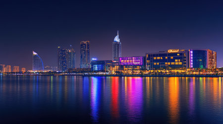 A night view of Festival City, featuring the brightly lit Hotel Crowne Plaza and Hotel Intercontinental against the skyline.の素材