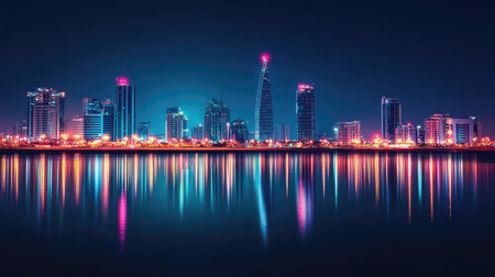 A stunning nighttime view of Manama, Bahrain, with the modern skyline glowing brightly along Bahrain Bay.の素材