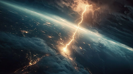 A powerful cloud-to-ground lightning bolt striking the earth during a storm, illuminating the night sky with intense brightness.の素材