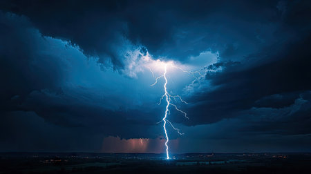 A fierce cloud-to-ground lightning strike during a nighttime thunderstorm, illuminating the landscape and sky with its intense light.の素材