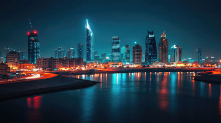 A night view of Manama, Bahrain, with the skyscrapers lit up along Bahrain Bay, creating a picturesque urban scene.の素材