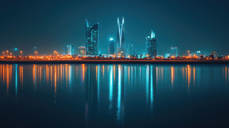 A nighttime view of the Four Seasons and Hilton Hotels in Manama, Bahrain, their lights shining brightly against the dark sky.の素材