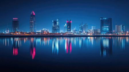 Cityscape of Manama at night, with Bahrain Bay reflecting the city lights and highlighting the architectural beauty of the skyline.の素材