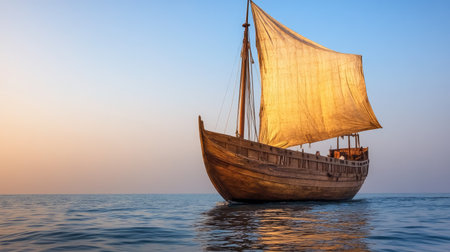 A dhow sailing in a gentle breeze, its wooden hull cutting through the water, used for transportation across the Arabian Gulf.の素材