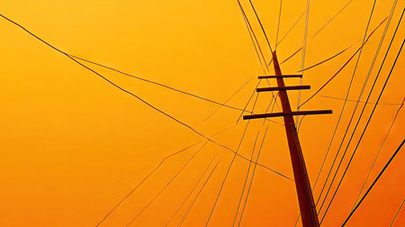 Abstract shot of power lines creating geometric patterns, with the sky in various shades of orangeの素材