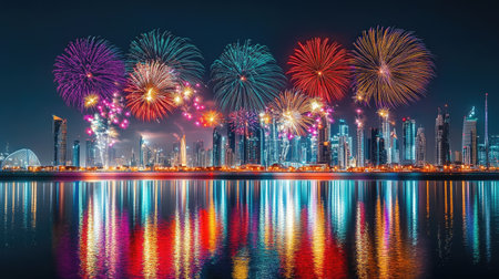Dazzling fireworks display over Festival City, Dubai, on National Day, with colorful lights and reflections on the calm water.の素材