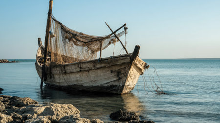 A dhow anchored near the shore, with fishing nets and equipment on board, highlighting its role in traditional Arabic fishing.の素材