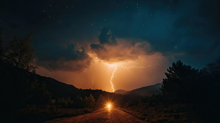 A powerful lightning bolt illuminating the night sky, creating a breathtaking scene of nature's power.の素材