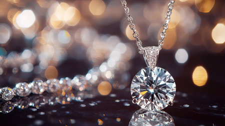 Diamond pendant in focus with blurred luxurious jewelry in the background, elegant and refinedの素材