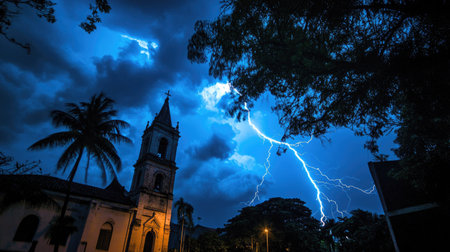 A powerful lightning bolt striking near the Maring Cathedral, illuminating the night sky with dramatic intensity.の素材