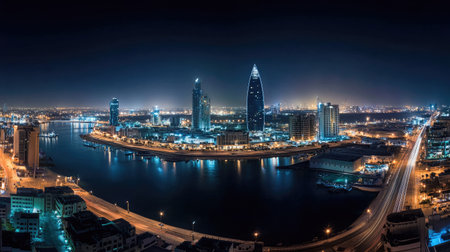 A panoramic night view of the Four Seasons and Hilton Hotels in Manama, Bahrain, their lights creating a mesmerizing scene.の素材