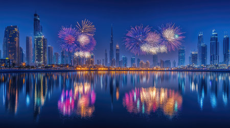 A breathtaking display of fireworks over Festival City in Dubai on National Day, with reflections on the water enhancing the scene.の素材